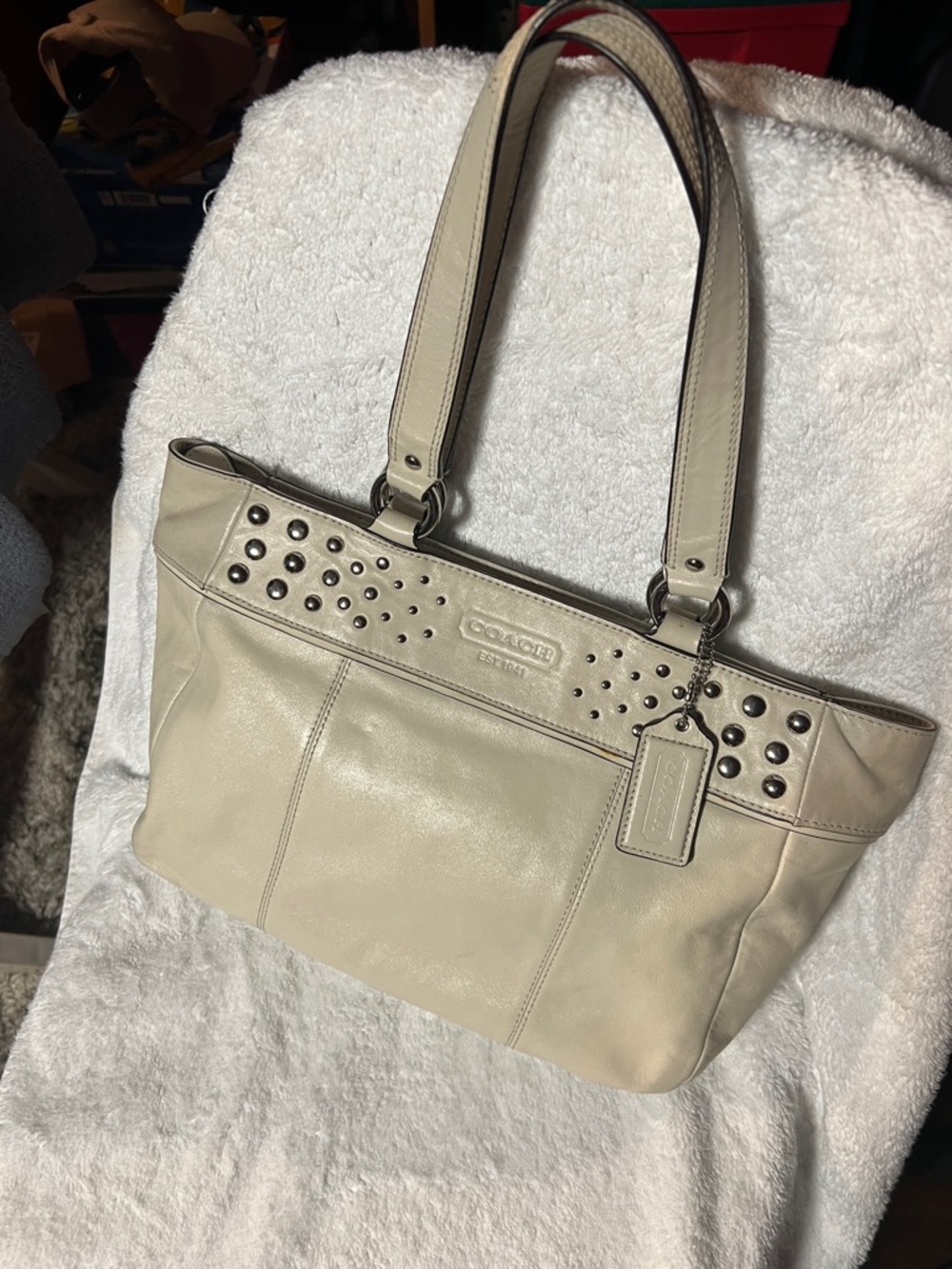 COACH Beige Leather Studded Shoulder Bag